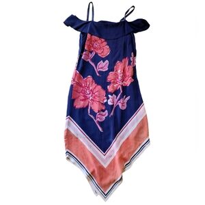 Moulinette Soeurs dress navy orange floral dress hankerchief hem 100% Silk XS